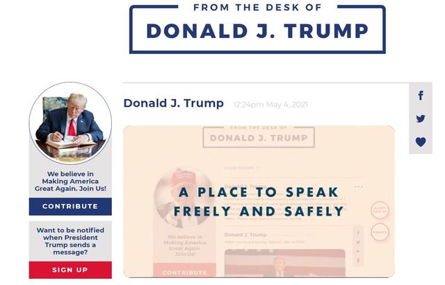 [서울=뉴시스] 4일(현지시간) 공개된 도널드 트럼프 전 미국 대통령 웹사이트 '도널드 트럼프의 책상에서(From the desk of Donald J. Trump)' 캡처. 2021.05.05. *재판매 및 DB 금지