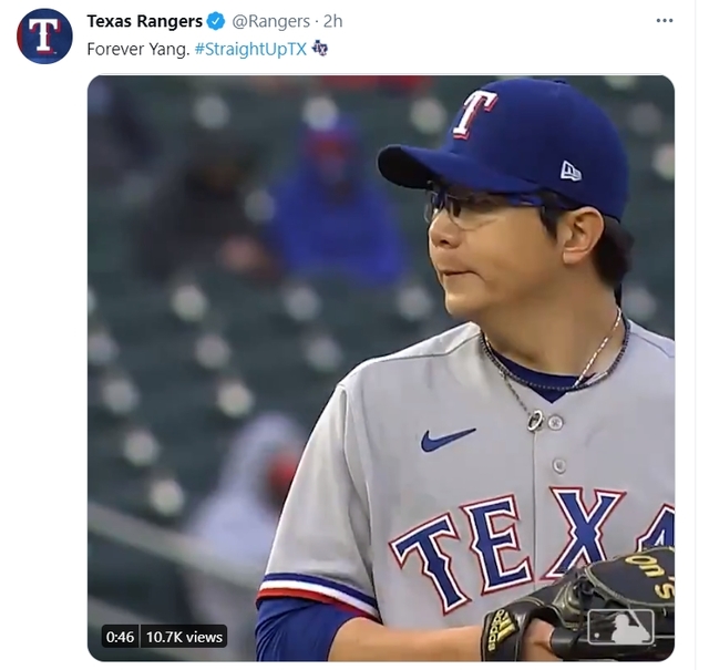 [서울=뉴시스] 양현종 투구 영상에 '포에버 양'이라고 적은 텍사스 구단 트위터. (사진 = 텍사스 레인저스 구단 공식 트위터 캡처) 