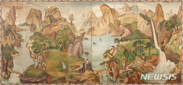 [서울=뉴시스] 국립현대미술관 이건희컬렉션. 백남순, 낙원, 1937, 166x367cm. 백남순(1904~1994)은 나혜석과 마찬가지로 도쿄여자미술학교에서 서양화를 공부한 1세대 서양화가이다. 1920년대에 파리 유학을 가서 미국 유학 출신의 임용련을 만나 결혼한 후 1930년에 귀국했다. 이들이 함께 부부양화전을 개최한 것이 당시 엄청난 사회적 이슈가 되었다. 임용련과 백남순은 함께 평안북도 정주의 오산고보에서 영어 및 미술 교사로 재직하였고, 그곳에서 이중섭, 문학수 등 다음 세대 서양화가들을 가르쳤다.  한국의 무릉도원 전통과 서양의 아르카디아 전통이 묘하게 결합된 독창적인 작품으로, 1930년대 백남순 작품으로는 유일하게 전해지는 만큼, 역사적 의미가 각별하다. 사진=국립현대미술관 제공,2021.5.07. photo@nwsis.com