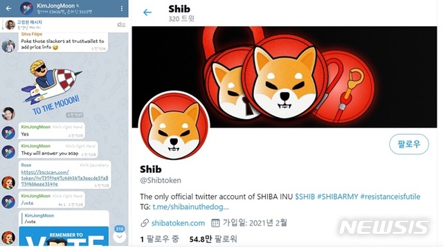  [서울=뉴시스] '김종문 코인' 관련 텔레그램 채널(왼쪽), '시바이누 코인'의 트위터(오른쪽)