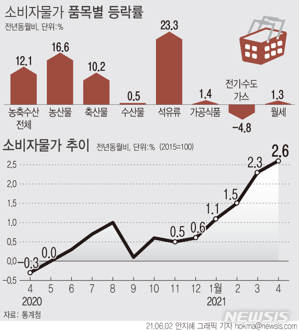 [서울=뉴시스] 2일 통계청에 따르면 지난달 소비자물가지수는 107.46(2015=100)으로 1년 전보다 2.6% 올랐다. 이는 2012년 4월(2.6%) 이후 9년 1개월 만에 최대 상승 폭이다. (그래픽=안지혜 기자)  hokma@newsis.com