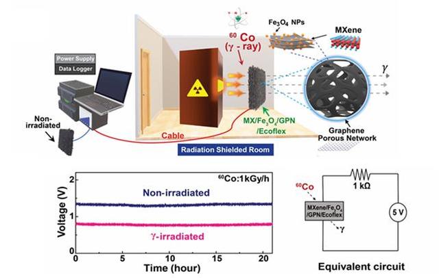 [대전=뉴시스] ETRI가 제조한 센서소재 방사선 테스크 모식도. 아래는 감마선 조사 전후 센서 소재 저항 변화 측정 결과. *재판매 및 DB 금지