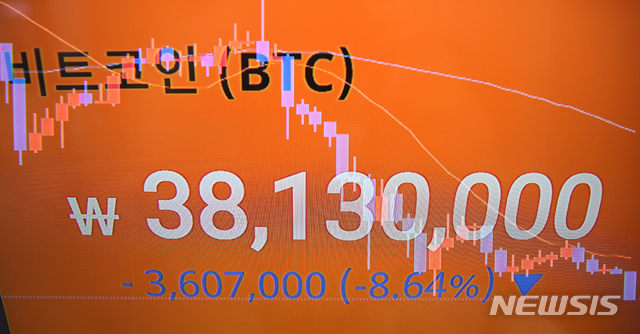 [서울=뉴시스] 고승민 기자 = 비트코인이 4000만원선 이하로 떨어지고, 이더리움도 300만원선이 붕괴되며 암호화폐가 하락세를 보인 8일 서울 빗썸 강남고객센터 모니터에 시세가 표시돼 있다. 2021.06.08. kkssmm99@newsis.com