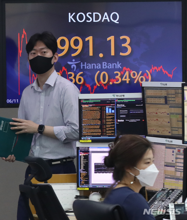 [서울=뉴시스]조수정 기자 = 코스닥이 전 거래일(987.77)보다 3.36포인트(0.34%) 오른 991.13에 장 마감한 11일 서울 중구 하나은행 딜링룸에 지수가 표시돼 있다. 코스피는 전 거래일(3224.64)보다 24.68포인트(0.77%) 오른 3249.32에,.서울 외환시장에서 원·달러 환율은 전 거래일(1115.8원)보다 5.0원 내린 1110.8원에 마감했다.2021.06.11. chocrystal@newsis.com