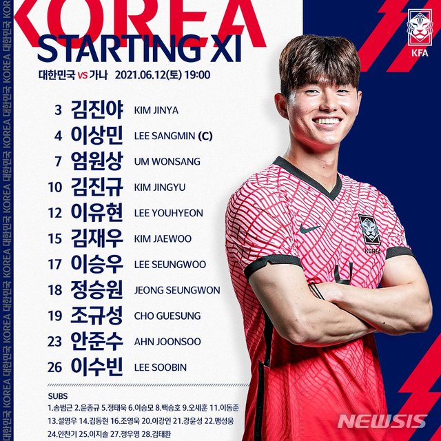 [서울=뉴시스] 김학범호 가나전 선발 명단. (사진=대한축구협회 제공)