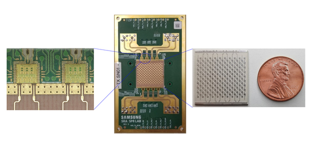 [서울=뉴시스] 16 채널 140 GHz 모듈(가운데)과 이를 구성하는 이중 채널 140 GHz RFIC(좌측)와 128개 안테나 소자(우측) (사진=삼성전자 제공) *재판매 및 DB 금지