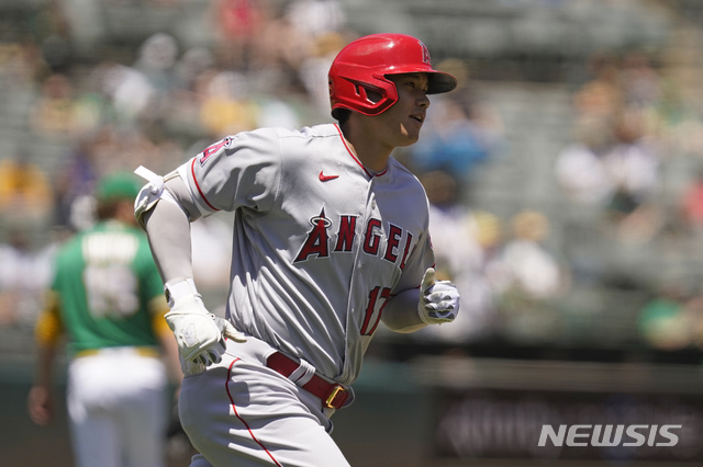 [오클랜드=AP/뉴시스] LA 에인절스의 오타니 쇼헤이가 17일(한국시간) 미국 캘리포니아주 오클랜드 콜리세움에서 열린 2021 메이저리그(MLB) 오클랜드 애슬레틱스와의 경기에서 2번 지명타자로 선발 출전해 2회초 솔로 홈런을 때려낸 뒤 그라운드를 돌고 있다. 2021.06.17