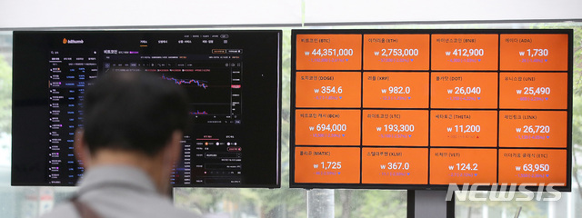 [서울=뉴시스]김선웅 기자 = 18일 오후 서울 강남구 빗썸 강남센터 전광판에 비트코인 등 암호화폐 시세가 표시되고 있다. 2021.06.18. mangusta@newsis.com