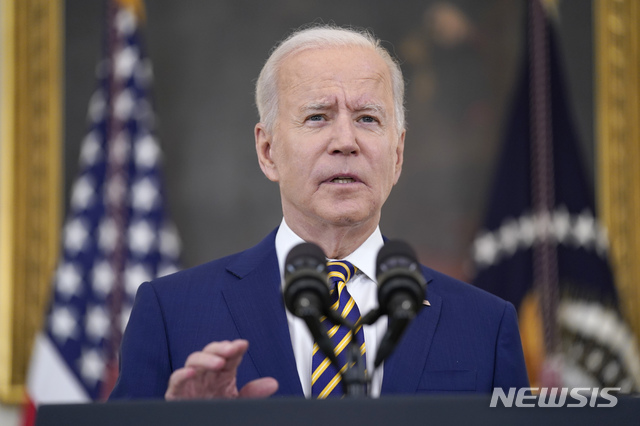 [워싱턴=AP/뉴시스] 조 바이든 미국 대통령이 지난 18일(현지시간) 백악관에서 열린 기자회견에서 발언하고 있는 모습. 2021.06.22.