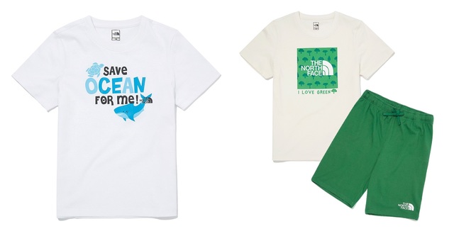 [서울=뉴시스]노스페이스 ‘2021 키즈 서머 컬렉션’ 중 ‘키즈 그린 얼스 반팔 라운드티’와 ‘키즈 그린 얼스 라운지 세트’