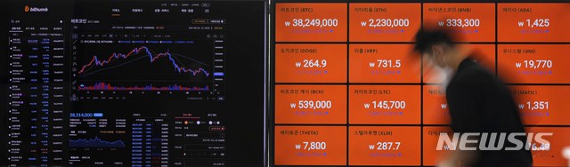 [서울=뉴시스]고범준 기자 = 24일 오전 서울 강남구 암호화폐 거래소 빗썸 강남 고객센터 전광판에 비트코인 등 암호화폐 시세가 표시되고 있다. 2021.06.24. bjko@newsis.com