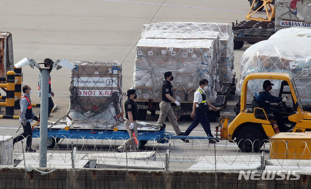 [인천공항=뉴시스]이영환 기자 = 지난달 24일 오후 코로나19 모더나 백신 2차 물량이 인천국제공항 화물터미널에 도착해 백신 수송 관계자들이 백신이 담긴 화물을 옮기고 있다. (공동취재사진) 2021.06.24. photo@newsis.com