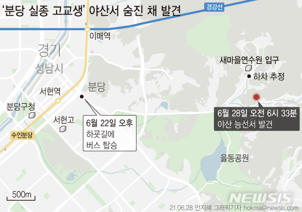 [서울=뉴시스] 지난 22일 학교 수업을 마친 뒤 서점에 들렀다 소식이 끊긴 경기 성남시 분당구 서현고등학교 3학년 재학생인 김휘성 군이 실종 1주일 만에 숨진 채 발견됐다. (그래픽=안지혜 기자)  hokma@newsis.com