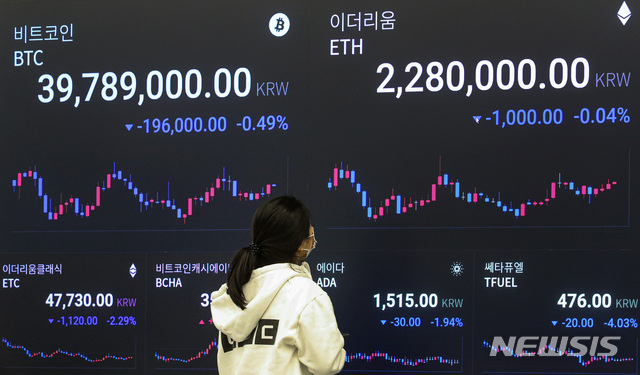 [서울=뉴시스]권창회 기자 = 28일 오후 서울 강남구 암호화폐 거래소 업비트 라운지 전광판에 비트코인 등 암호화폐 시세가 표시되고 있다. 2021.06.28. kch0523@newsis.com