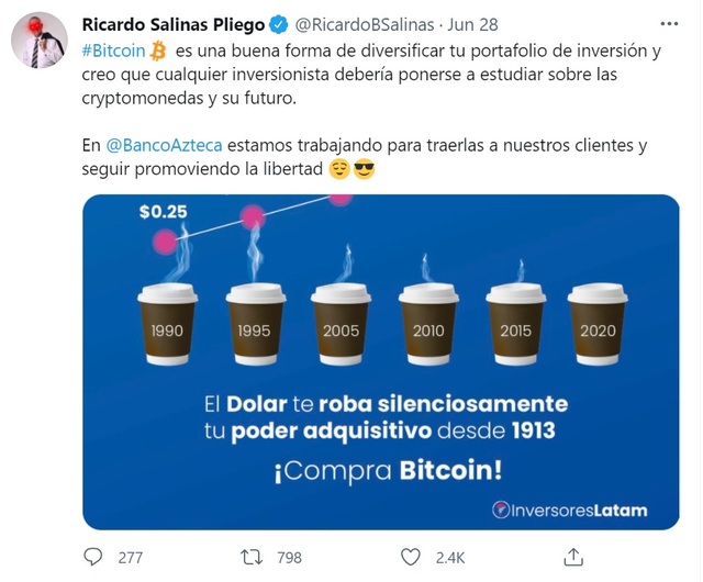 [서울=뉴시스]은행 등을 소유한 멕시코 부호인 리카르도 살리나스 플리에고가 트위터를 통해 비트코인 사용을 독려했다. 사진은 플리에고 트위터(@RicardoBSalinas) 갈무리. 2021.06.29.