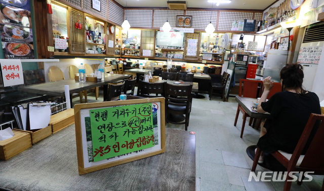 [서울=뉴시스] 이영환 기자 = 정부가 수도권의 현행 사회적 거리두기 2단계 조치를 1주일 동안 연장한다고 밝힌 7일 오후 서울 시내의 한 음식점에서 주인이 안내문을 게시하고 있다. 5인 이상 사적 모임금지와 유흥시설 집합금지, 식당·카페 등 밤 10시 이후 영업 제한 등이 14일까지 1주 연장됐다. 2021.07.07. 20hwan@newsis.com