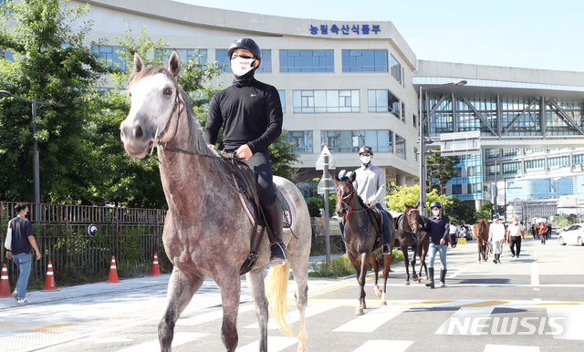 [세종=뉴시스] 강종민 기자 = 축산경마산업비상대책위원회가 13일 오전 정부세종청사 농림축산식품부 앞에서 온라인 마권발매 입법을 촉구하며 경주마 시위를 벌이고 있다. 2021.07.13. ppkjm@newsis.com