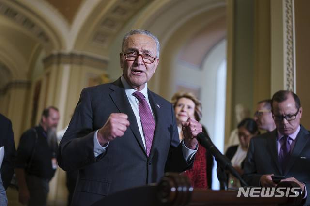 [워싱턴=AP/뉴시스]척 슈머 미국 상원 민주당 원내대표가 13일(현지시간) 워싱턴DC 국회의사당에서 기자들에게 발언하고 있다. 2021.07.14.