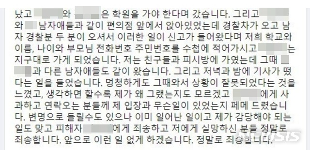학교폭력 영상 속 가해자로 추정되는 여학생 올린 해명 글 일부. (사진=온라인 커뮤니티 캡처)