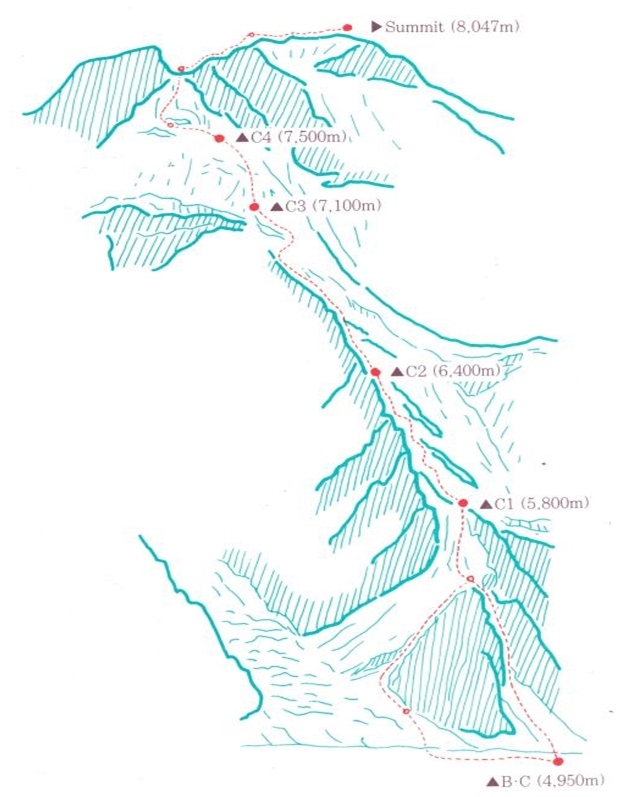 [광주=뉴시스] 송창헌 기자 =열 손가락이 없는 장애 산악인 김홍빈(57) 대장이 지난 18일 오후(현지시간) 파키스탄 브로드피크 정상 등정에 성공한 뒤 하산하던 중 7900m 지점에서 빙벽(크레바스) 아래로 추락했다. 브로드피크 산악원정 루트. (사진=광주시 제공) 2021.07.21 photo@newsis.com 