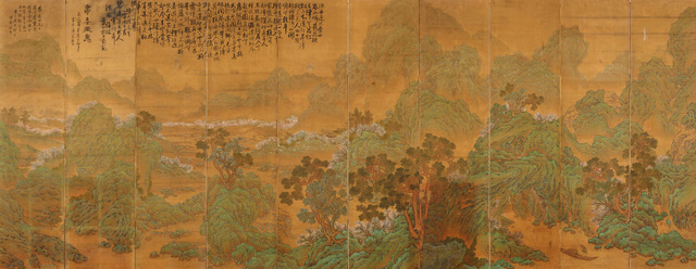 [서울=뉴시스] 박진희 기자 = 이상범, 무릉도원, 1922, 비단에 채색; 10폭 병풍, 이미지 159x39x(2), 159x41x(8)cm, 병풍 202x413cm. (사진=국립현대미술관 제공) 2021.07.20. photo@newsis.com *재판매 및 DB 금지