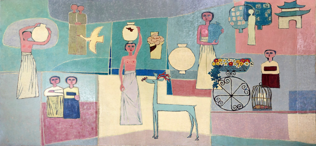 [서울=뉴시스] 박진희 기자 = 김환기, 여인들과 항아리, 1950년대, 캔버스에 유채, 281.5x567cm. ⓒ (재)환기재단·환기미술관 Whanki Foundation·Whanki Museum. (사진=국립현대미술관 제공) 2021.07.20. photo@newsis.com