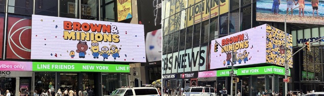 ▲라인프렌즈 뉴욕 타임스퀘어점 사이니지에 공개된 '미니언즈 X 브라운앤프렌즈' 콜라보