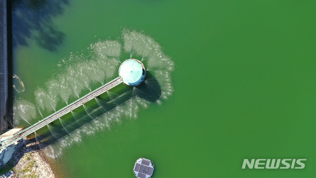 [수원=뉴시스] 김종택기자 = 연일 계속되는 폭염으로 전국 대부분의 저수지에 녹조현상이 발생한 22일 오후 경기도 수원시 장안구 광교저수지에 녹조방지 살수장치가 가동되고 있다. 2021.07.22. jtk@newsis.com