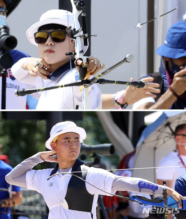 [도쿄(일본)=뉴시스] 최진석·이영환 기자 = 23일 일본 도쿄 유메노시마 양궁장에서 열린 2020 도쿄올림픽 양궁 랭킹라운드에서 여자대표팀 안산(위쪽)과 남자대표팀 김제덕이 활시위를 당기고 있다. 안산은 680점으로 1위, 김제덕은 688점으로 1위를 차지했다. 2021.07.23. photo@newsis.com