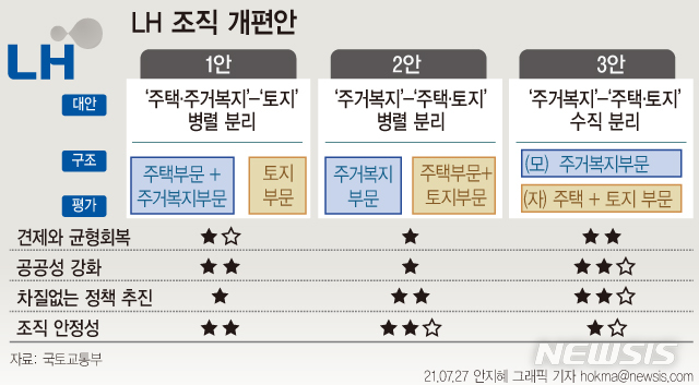 [서울=뉴시스] 정부는 8월 말 '한국토지주택공사(LH) 조직 개편안' 정부안을 최종 결정할 예정이다. 앞서 제시한 세 가지 방안 중 '주거복지 담당 모회사 아래에 토지·주택 부문 자회사로 두는 방안'에 무게 중심을 두고 추진할 방침이다. (그래픽=안지혜 기자)  hokma@newsis.com 