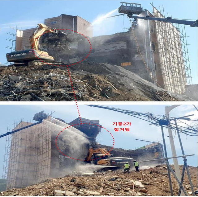 [광주=뉴시스] 변재훈 기자 = 광주 동구 학동 재개발사업 정비 4구역 붕괴 참사 발생 건축물 철거 과정. 참사 당일인 올해 6월9일 굴착기를 올릴 흙더미를 쌓은 뒤 철거를 시작한 모습. (사진=광주경찰청 수사본부 제공) 2021.07.28. photo@newsis.com