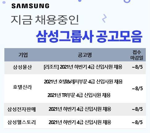 [서울=뉴시스] 삼성 계열사 하반기 4급 신입사원 채용.(표=캐치 제공) 2021.7.30 photo@newsis.com *재판매 및 DB 금지