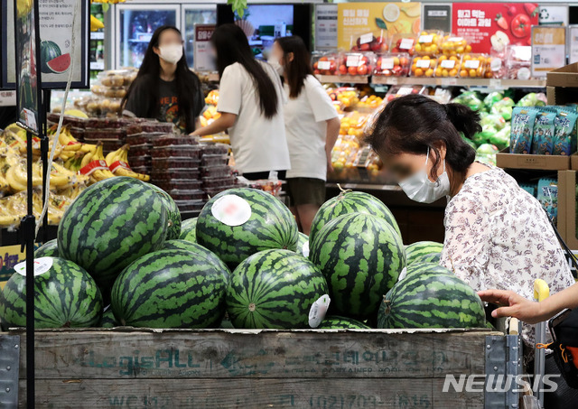 [서울=뉴시스] 백동현 기자 = 불볕 더위에 수박 가격이 가파른 상승세를 보이는 30일 오전 서울 강북구 한 대형 마트에서 시민들이 수박을 고르고 있다. 2021.07.30 livertrent@newsis.com