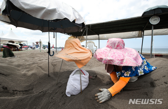 [제주=뉴시스] 우장호 기자 = 무더위가 계속된 5일 오후 제주시 삼양해수욕장에서 관광객들이 검은모래찜질을 하며 '이열치열' 더위를 이기고 있다. 2021.08.05. woo1223@newsis.com