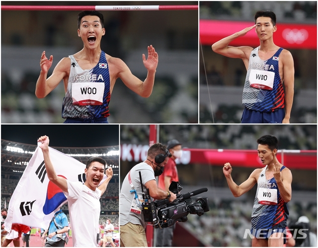 [도쿄(일본)=뉴시스] 최진석 기자 = 우상혁은 한국 육상의 희망을 보여줬다. 지난 1일 도쿄올림픽 스타디움에서 열린 육상 남자 높이뛰기 결선에서 2m35를 넘어 4위를 차지했다. 1997년 전국종별선수권대회에서 이진택이 세운 2m34를 1㎝ 넘은 한국 신기록이다. 한국 올림픽 육상 트랙·필드 역대 최고 성적도 거뒀다. 올 3월 입대해 현역 일병 신분인 우상혁은 마지막 2m39 시도에서 하체가 걸려 아깝게 실패했지만, 웃음을 보인 후 군인정신을 발휘해 거수경례 세리머니를 했다. 2021.08.08. myjs@newsis.com