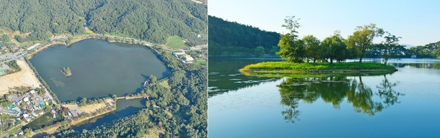 [제천=뉴시스] 의림지 전경(왼쪽)과 순주섬. (사진=뉴시스 DB) photo@newsis.com *재판매 및 DB 금지