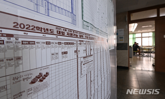 [수원=뉴시스] 김종택기자 = 2022학년도 대학수학능력시험이 100일 앞으로 다가온 10일 오전 경기도 수원시 팔달구 수원고등학교 3학년 교실 복도에 대입 지원가능 대학 참고자료가 붙어있다. 2021.08.10. jtk@newsis.com