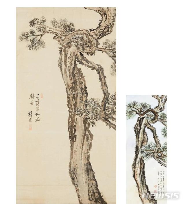 [서울=뉴시스] 단원 김홍도, '노송도', 종이에 수묵담채, 105×53.5㎝, 추정가 4억~7억원. (우)효은 이태호, <방 단원 김홍도 <노송도>: 솔바람>, 종이에 수묵담채, 63.5×24㎝,추정가 500만~1000만원.