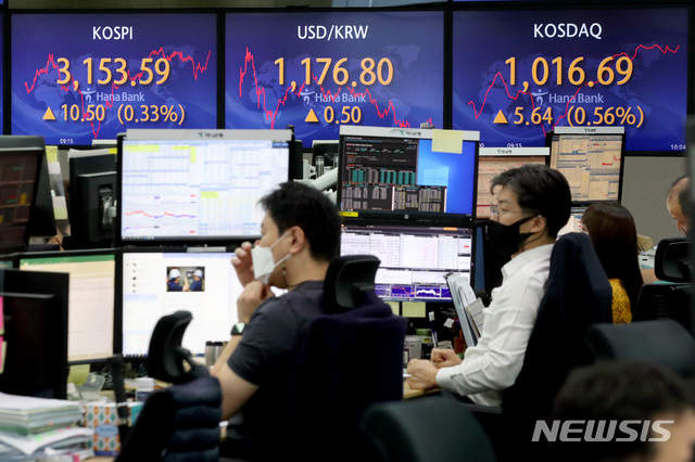 [서울=뉴시스] 김병문 기자 = 코스피가 전 거래일(3143.09)보다 1.11포인트(0.04%) 내린 3141.98에 출발한 18일 오전 서울 중구 하나은행 딜링룸 전광판에 지수가 표시되고 있다. 이날 코스닥지수는 전 거래일(1011.05)보다 1006.80포인트(0.42%) 내린 1006.80에, 서울 외환시장에서 원·달러 환율은 전 거래일(1176.3원)보다 1.9원 오른 1178.2원에 출발했다. 2021.08.18. dadazon@newsis.com