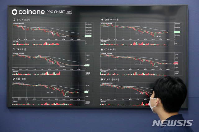 [서울=뉴시스] 백동현 기자 = 비트코인을 비롯한 주요 암호화폐가 하락을 멈추고 보합세를 보이고 있는 18일 오후 서울 용산코인원 고객센터 전광판에는 암호화폐 지수 표시돼고 있다. 2021.08.18. livertrent@newsis.com