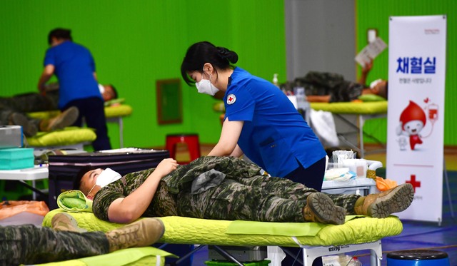 [서울=뉴시스] 해병대 제6여단 장병들이 단체 헌혈을 하는 모습 (사진=해병대 제6여단 제공) 2021.08.19. photo@newsis.com **위 사진은 기사 내용과 직접적인 관련이 없음  *재판매 및 DB 금지