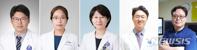 왼쪽부터 혈액종양내과 전홍재·천재경·강버들, 외과 최성훈, 소화기내과 권창일 교수
