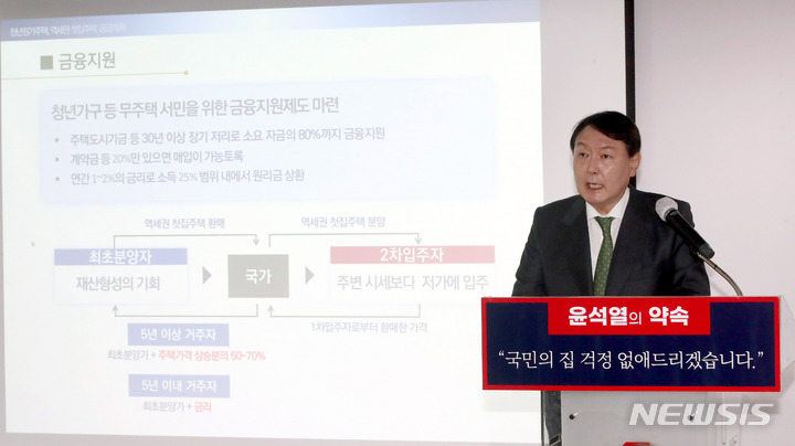 [서울=뉴시스] 국회사진기자단 = 윤석열 국민의힘 대선 예비후보가 29일 서울 여의도 중앙당사에서 부동산 공약 발표를 하고 있다. 2021.08.29. photo@newsis.com