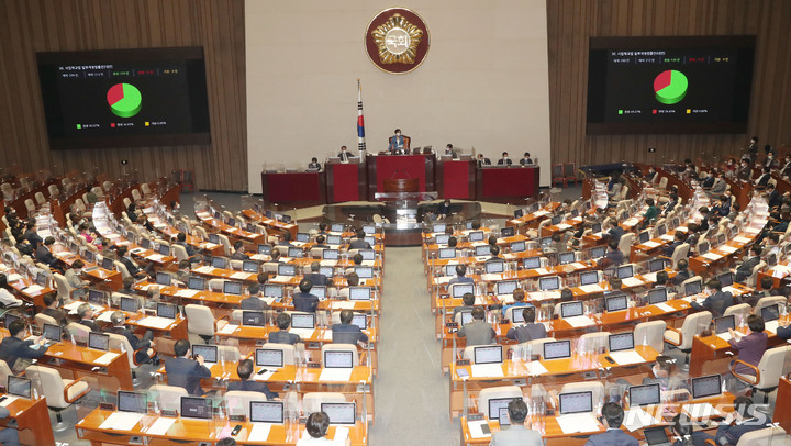 [서울=뉴시스] 전신 기자 = 31일 서울 여의도 국회에서 열린 본회의에서 사립학교법 일부개정법률안(대안)이 재석 212인 중 찬성 139인, 반대 73인으로 가결되고 있다. (공동취재사진) 2021.08.31. photo@newsis.com