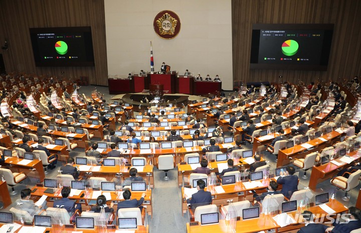 [서울=뉴시스] 전신 기자 = 31일 서울 여의도 국회에서 열린 본회의에서 의료법 일부개정법률안(대안)이 재석 183명 중 찬성 135명, 반대 24명, 기권 24명으로 통과되고 있다. (공동취재사진) 2021.08.31. photo@newsis.com