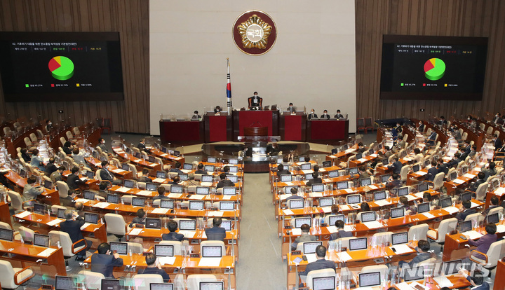 [서울=뉴시스] 전신 기자 = 31일 서울 여의도 국회에서 열린 본회의에서 기후위기 대응을 위한 탄소중립·녹색성장 기본법안(대안)이 통과되고 있다. (공동취재사진) 2021.08.31. photo@newsis.com