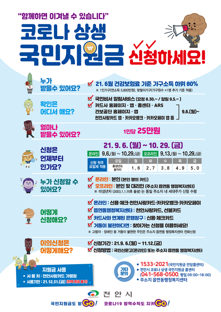천안시 코로나 상생 국민지원금 지급대상 56만여명