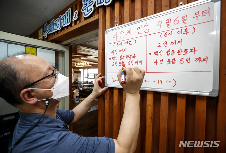 [서울=뉴시스] 정병혁 기자 = 지난 3일 오후 서울 종로구에 위치한 한 식당에서 식당 주인이 거리두기 관련 내용을 적고 있다. 정부가 현행 사회적 거리 두기 단계를 10월3일까지 한 달 연장하되, 예방접종 완료자 사적 모임 예외 적용을 확대하기로 했다. 다만 접종 완료자 포함 수도권 등 4단계 지역은 식당·카페·가정에서 6명까지, 3단계 이하 지역은 모든 사적모임이 8명까지 가능하며, 4단계 지역 식당·카페의 매장내 영업시간은 오후 10시로 다시 1시간 늘어나는 등 방역수칙이 일부 완화됐다. 2021.09.03. jhope@newsis.com