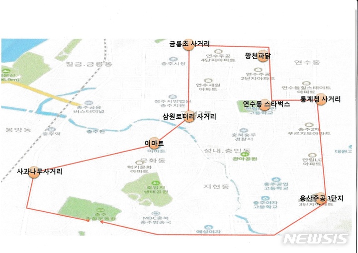 [충주=뉴시스] 조성현 기자 =  전국자영업자비상대책위원회 충북지부의 오는 8일 충주지역 1인 차량 시위 노선. (사진=전국자영업자비상대책위원회 충북지부 제공) 2021.09.06. photo@newsis.com *재판매 및 DB 금지