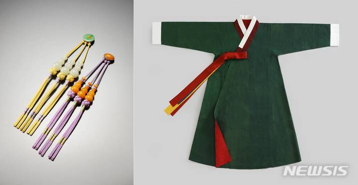 [전주=뉴시스]윤난슬 기자 = 왼쪽부터 제22호 매듭장 보유자 김혜순 밀화 호리병 삼작 노리개, 제107호 누비장 보유자 김해자 조선시대 장옷(장의).(사진=한국전통문화전당 제공)